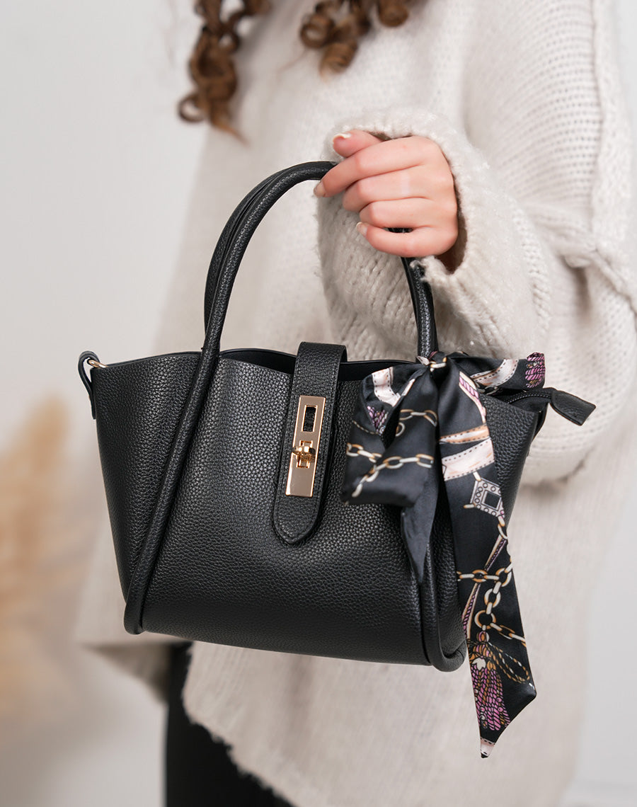 Sac à main femme noir grainé élégant avec fermeture dorée et foulard noué