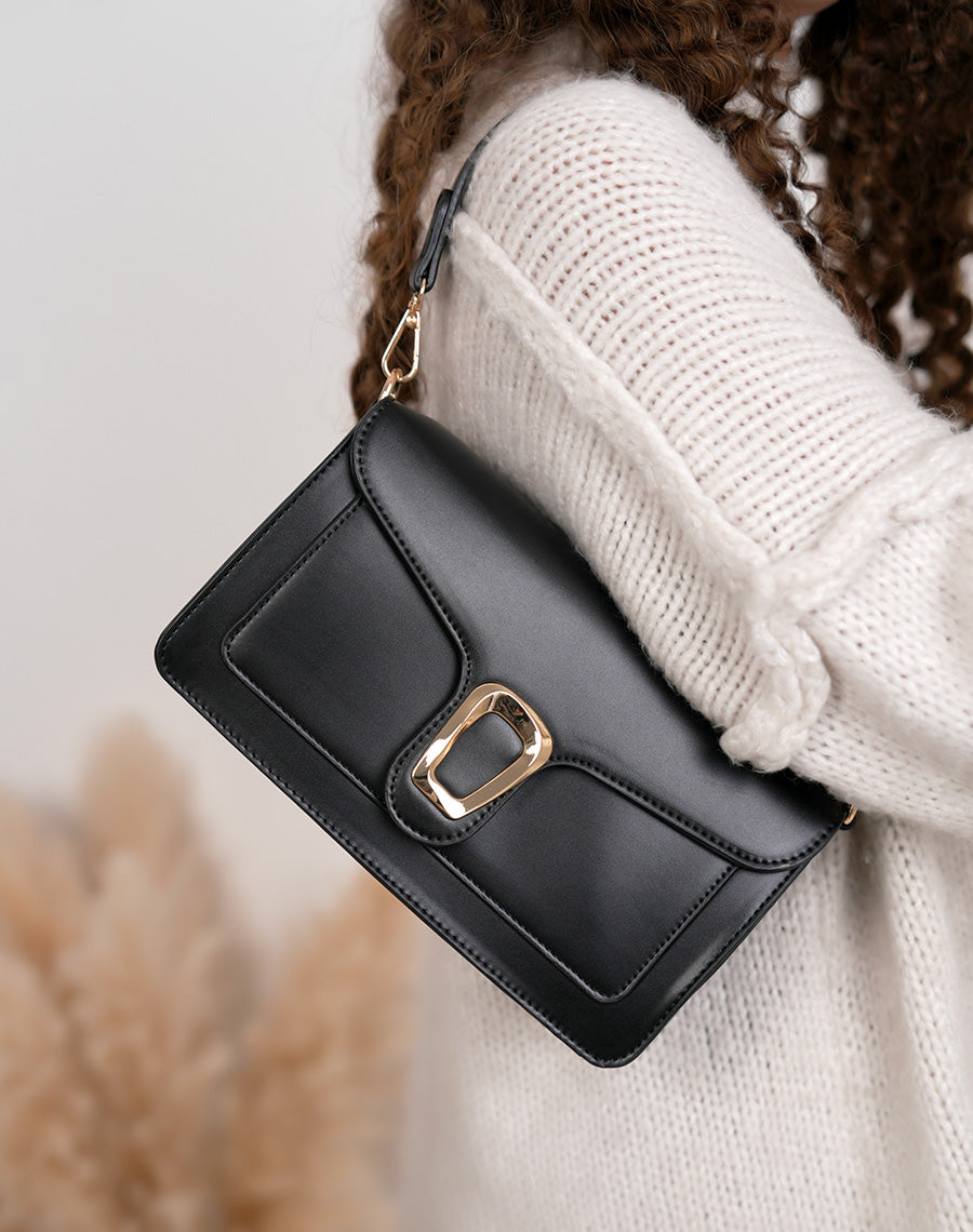 Sac à main femme noir en simili cuir élégant avec boucle dorée aimantée