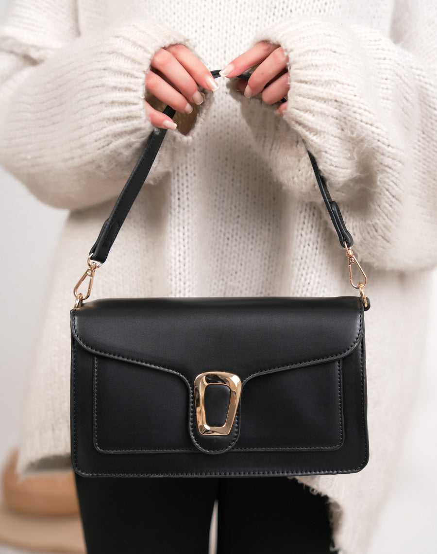 Sac à main femme noir en simili cuir élégant avec boucle dorée aimantée