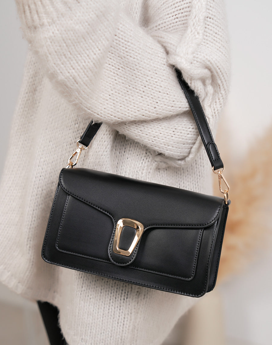 Sac à main femme noir en simili cuir élégant avec boucle dorée aimantée