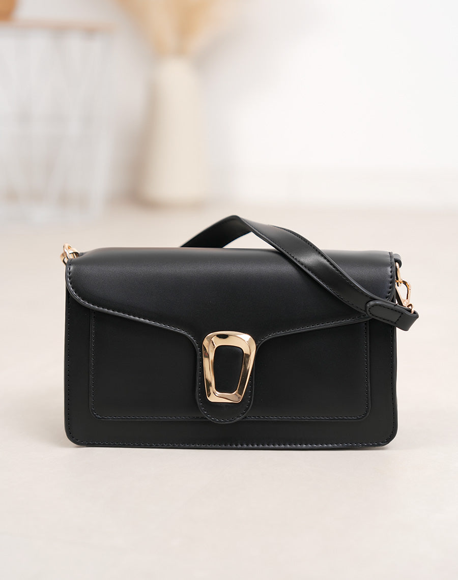 Sac à main femme noir en simili cuir élégant avec boucle dorée aimantée