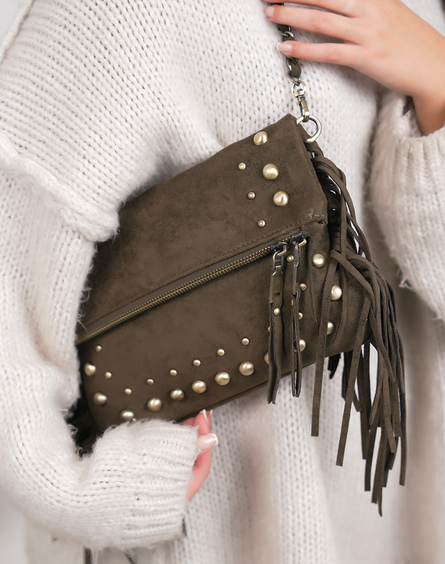 Sac pochette femme kaki en suédine à franges avec perles dorées effet vieilli