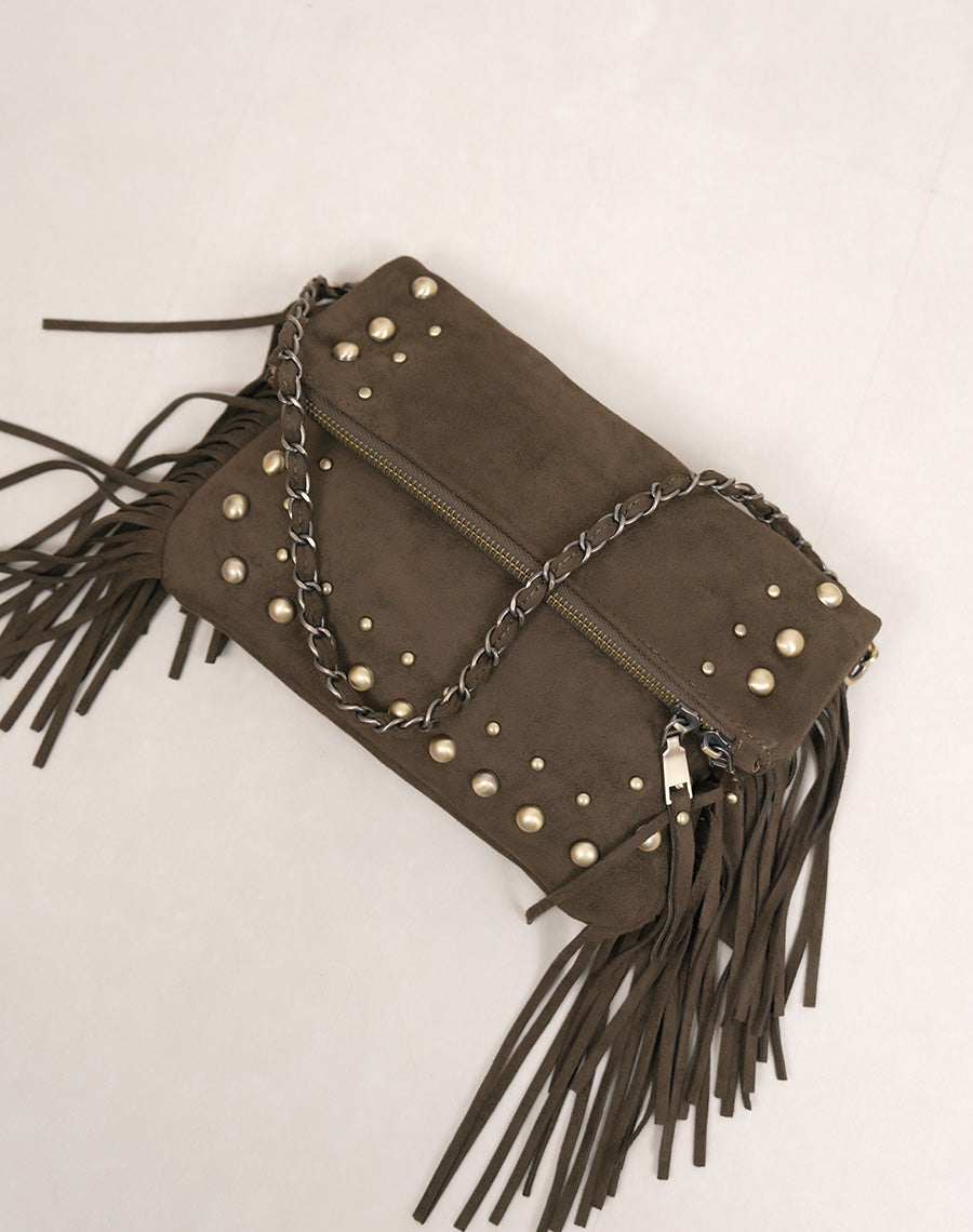 Sac pochette femme kaki en suédine à franges avec perles dorées effet vieilli