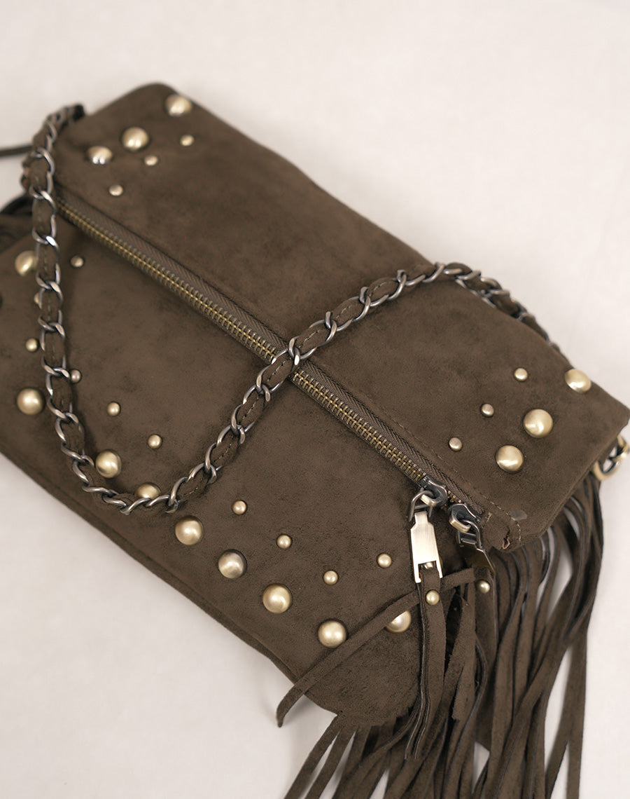 Sac pochette femme kaki en suédine à franges avec perles dorées effet vieilli