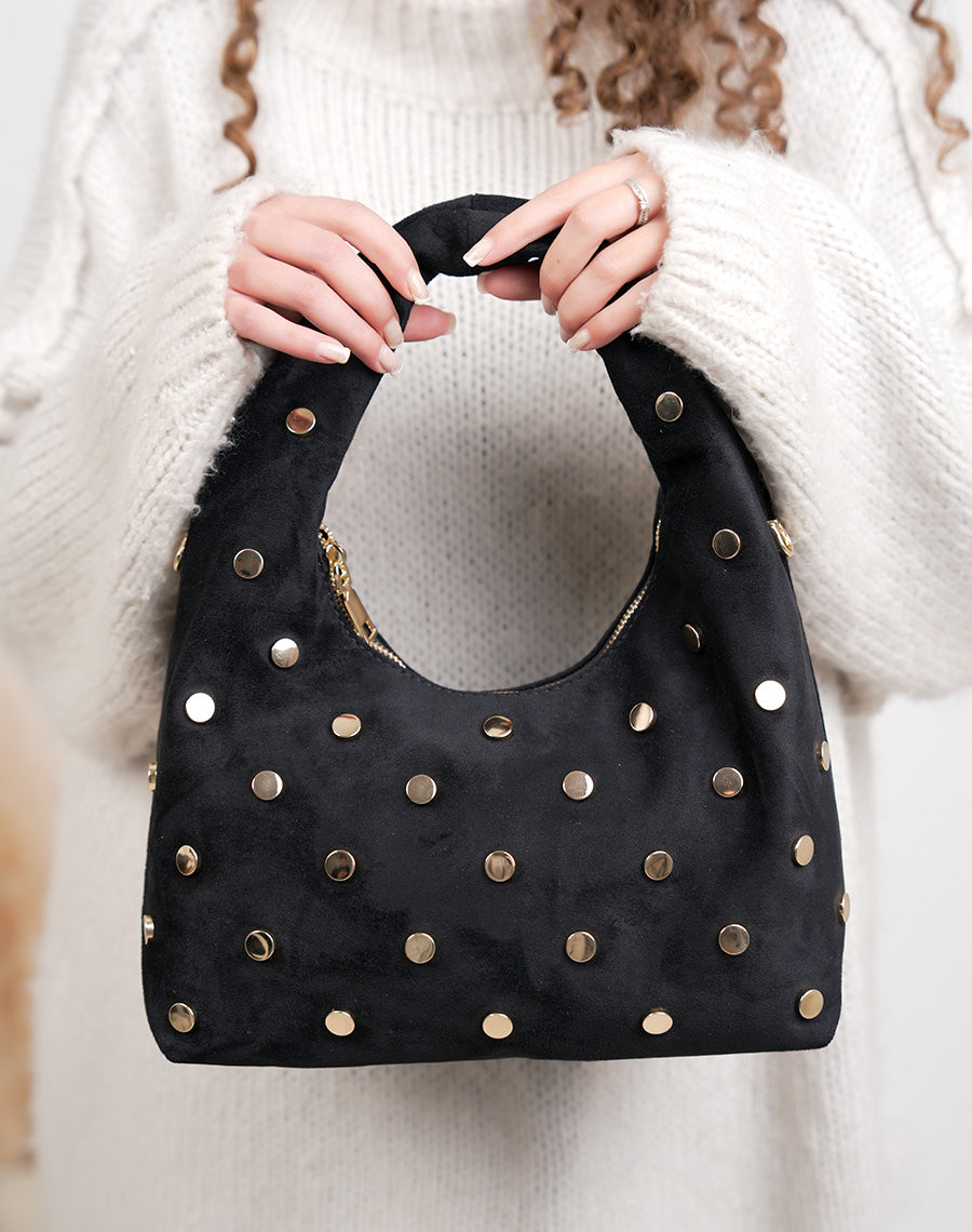 Sac besace femme noir en suédine avec clous dorés et fermeture zippée moderne
