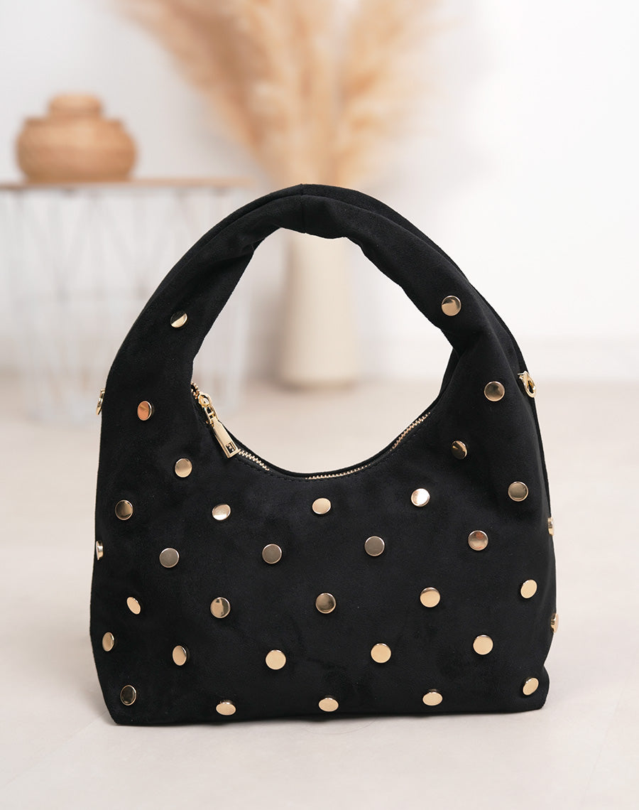 Sac besace femme noir en suédine avec clous dorés et fermeture zippée moderne