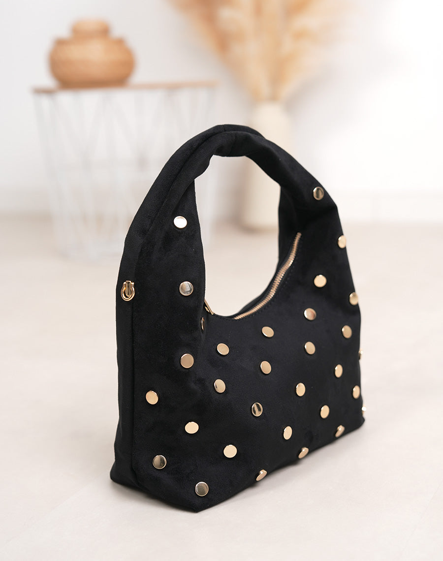 Sac besace femme noir en suédine avec clous dorés et fermeture zippée moderne