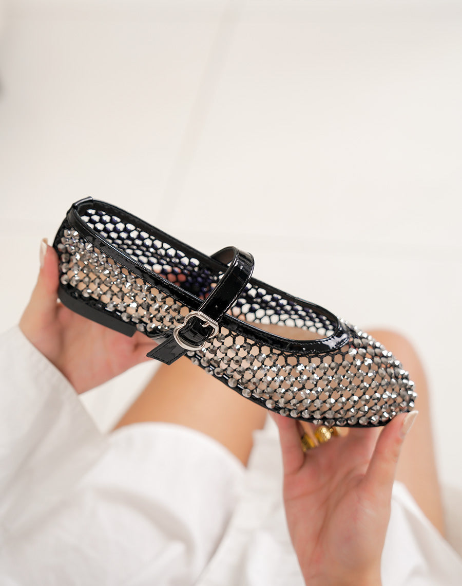 Ballerine femme noire transparente tendance avec strass brillants et lanière à boucle argentée