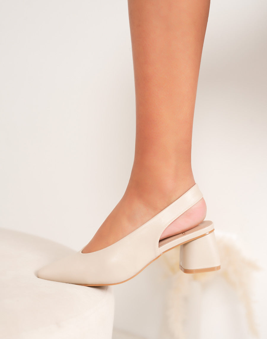 Escarpins femme beige clair à talon épais et bride arrière élégante
