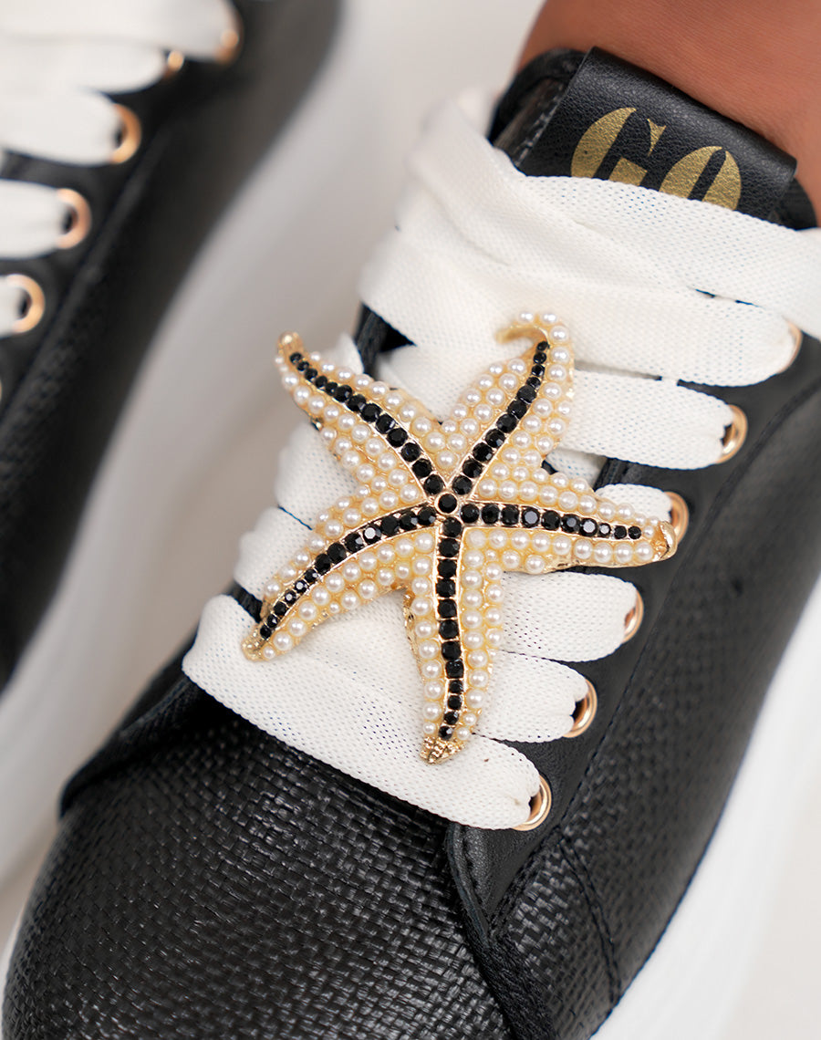 Basket femme noire élégante effet jute avec empiècement doré et bijoux fantaisie