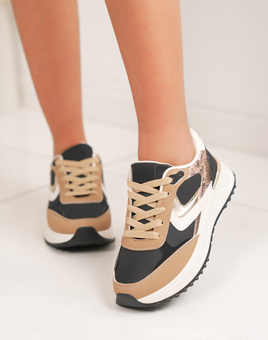 Basket femme noire tendance avec empiècement croco marron doré