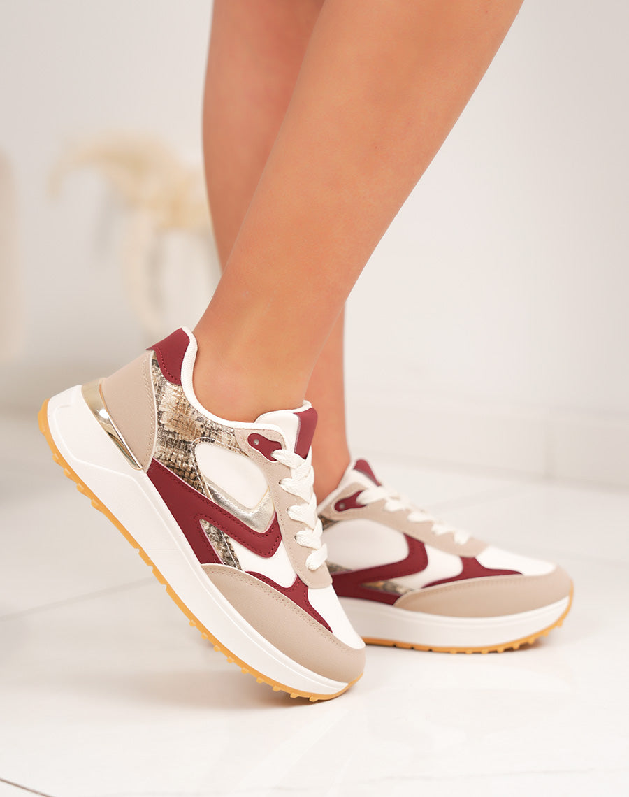 Basket femme beige avec empiècement bordeaux croco et doré