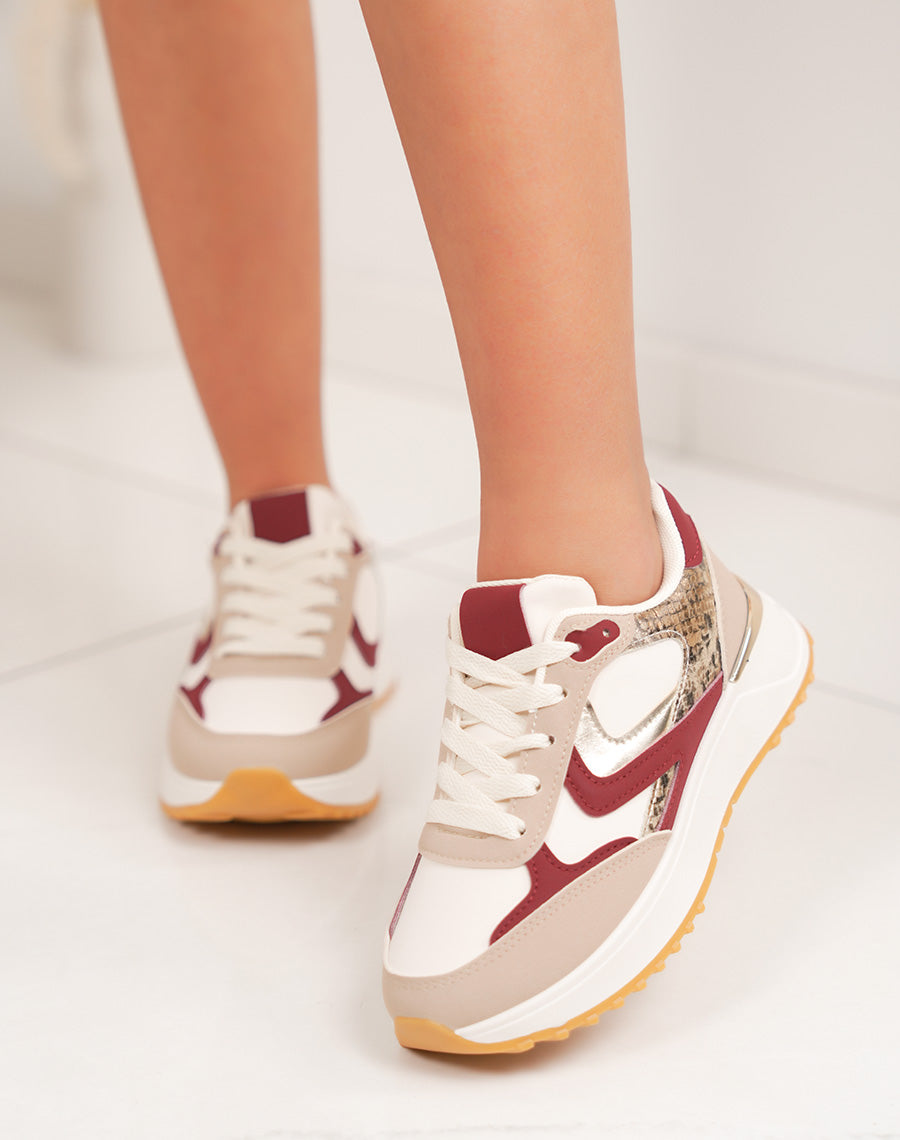 Basket femme beige avec empiècement bordeaux croco et doré
