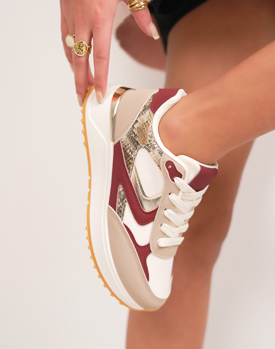Basket femme beige avec empiècement bordeaux croco et doré