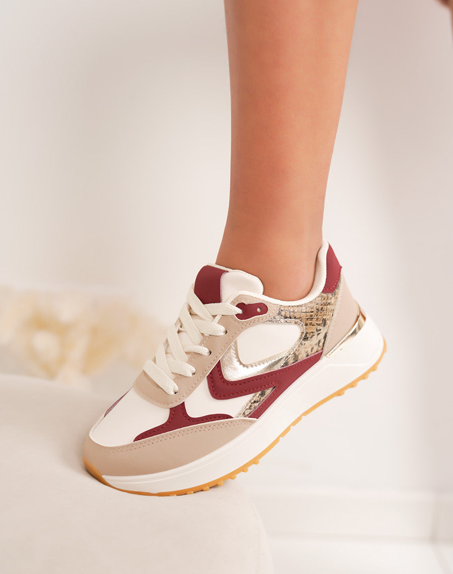 Basket femme beige avec empiècement bordeaux croco et doré