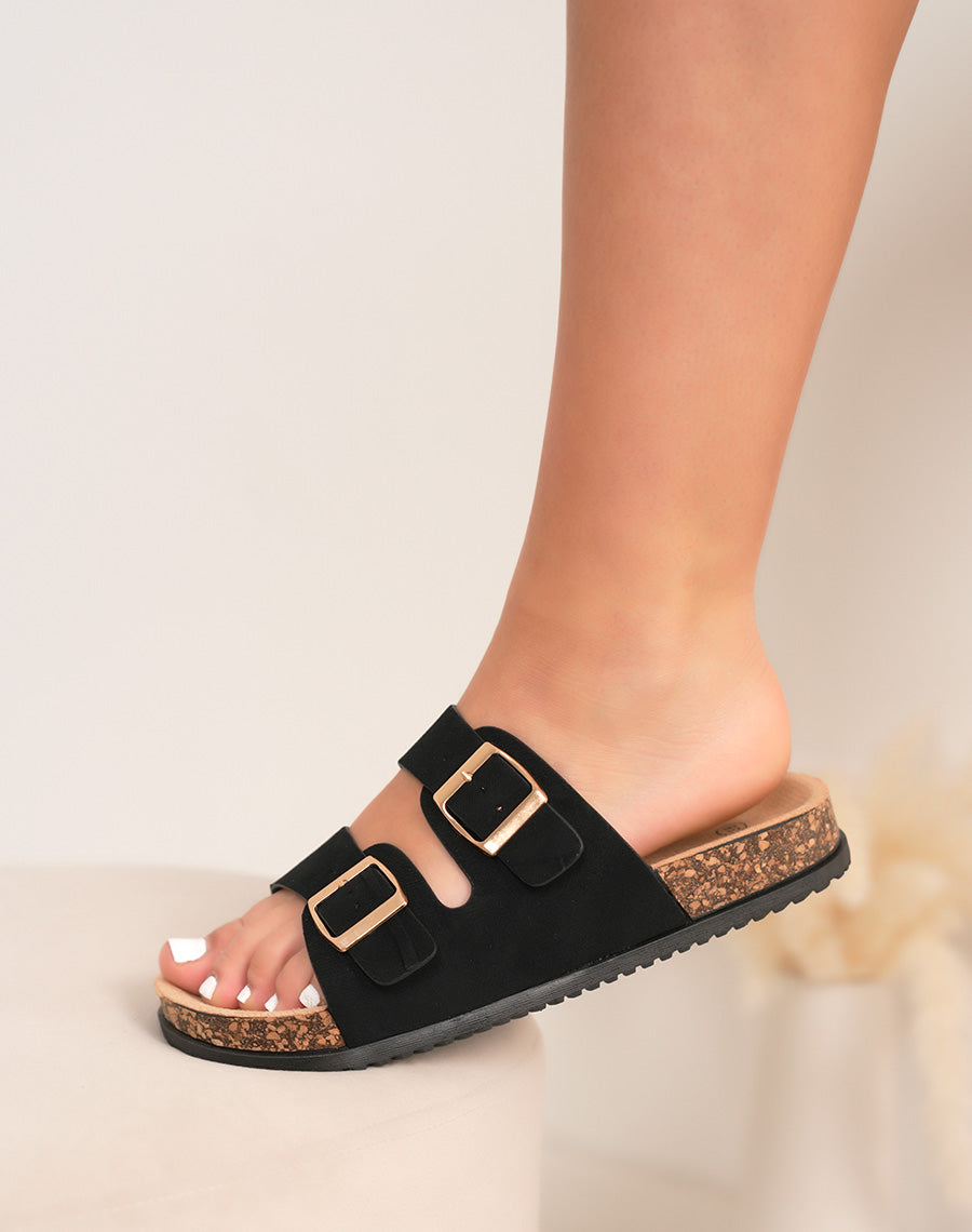 Mules femme noires à double bride épaisse avec boucles dorées