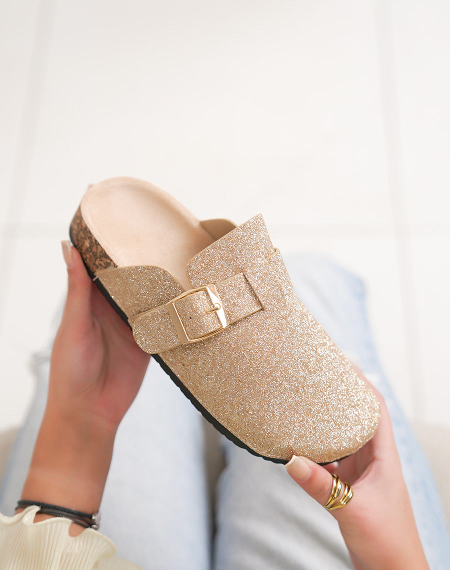 Mules femme dorées pailletées avec boucle dorée
