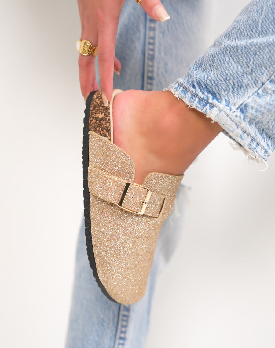 Mules femme dorées pailletées avec boucle dorée
