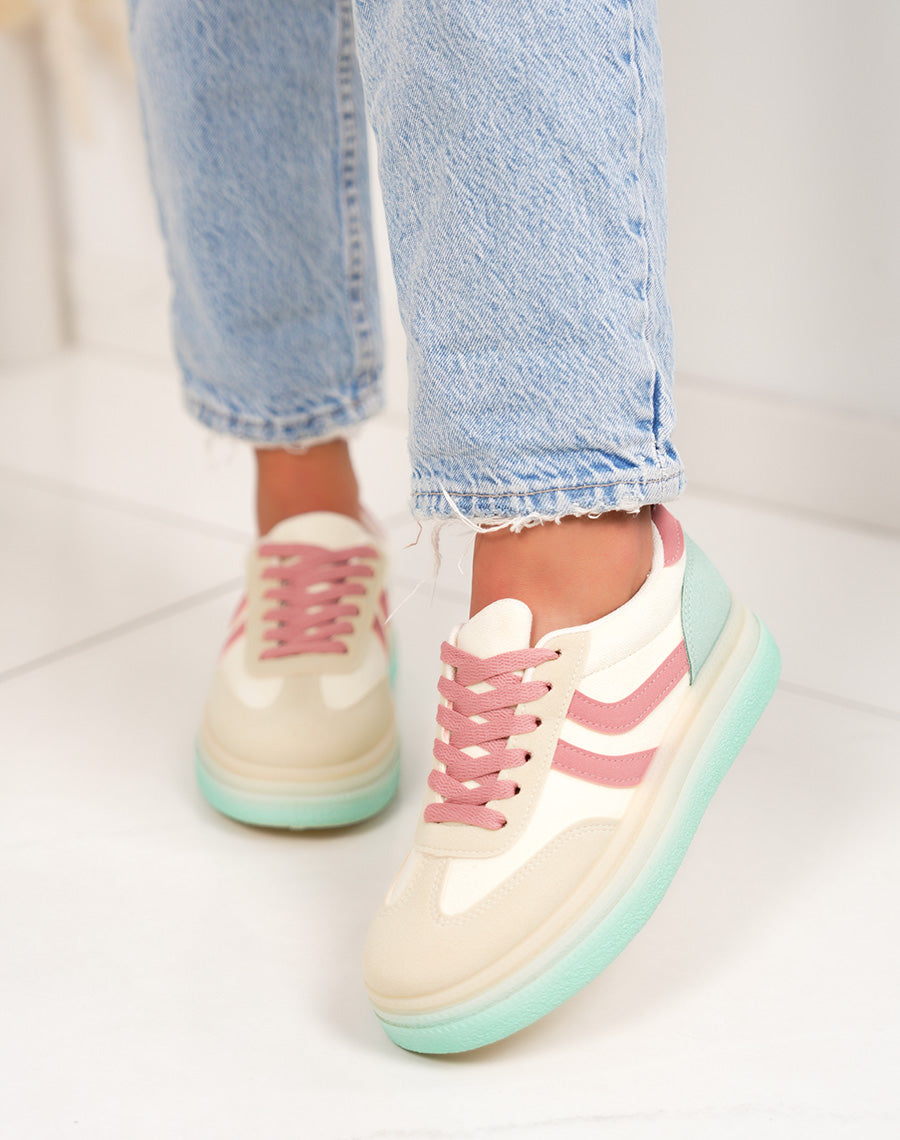 Basket femme jaune pastel tendance à plateforme avec empiècements rose et vert