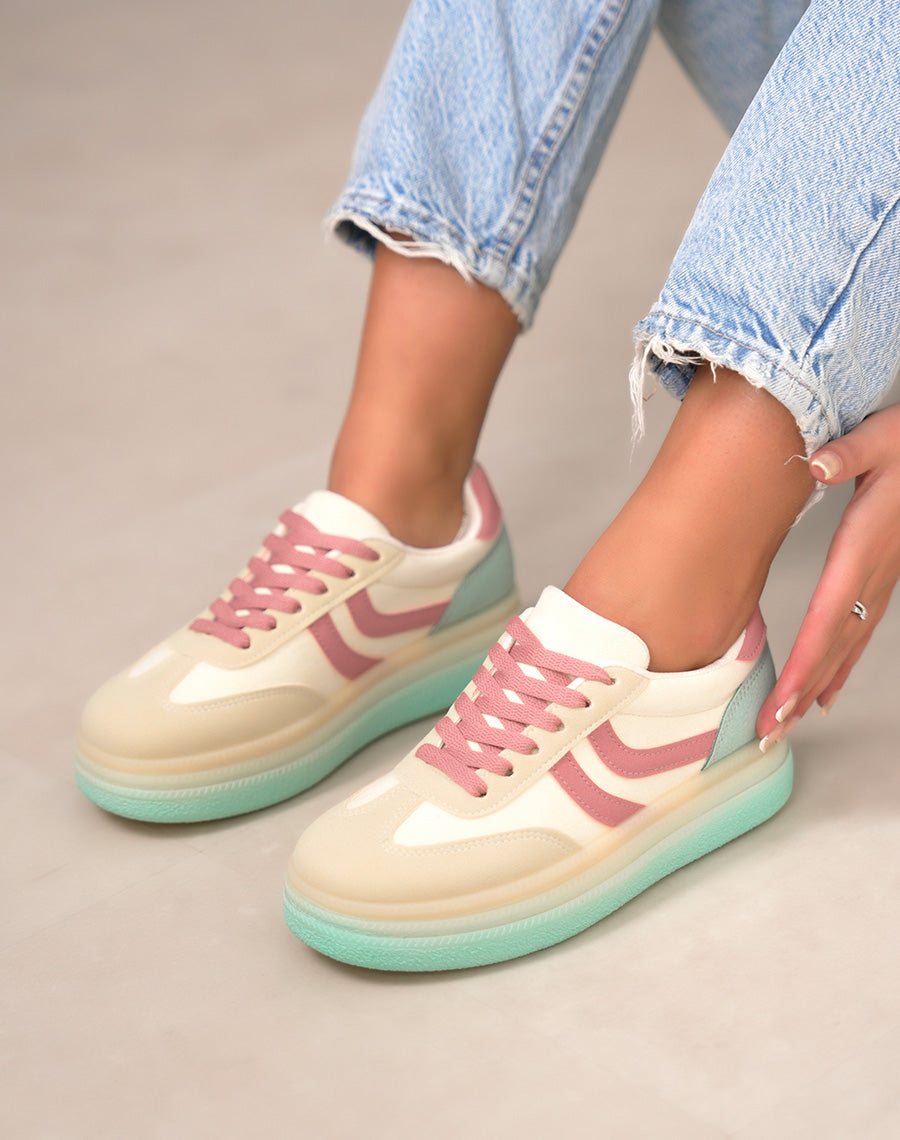 Basket femme jaune pastel tendance à plateforme avec empiècements rose et vert