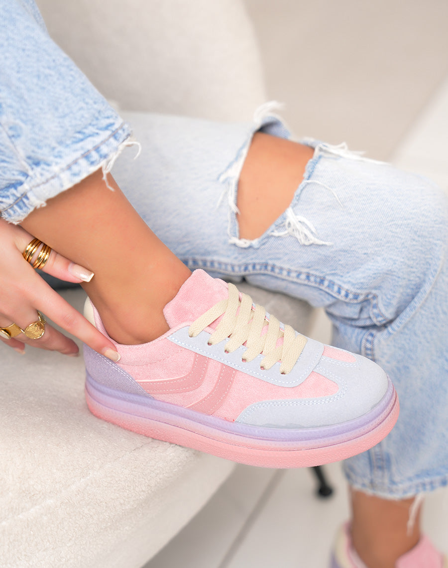 Basket femme rose pastel tendance à plateforme avec empiècements multicolores