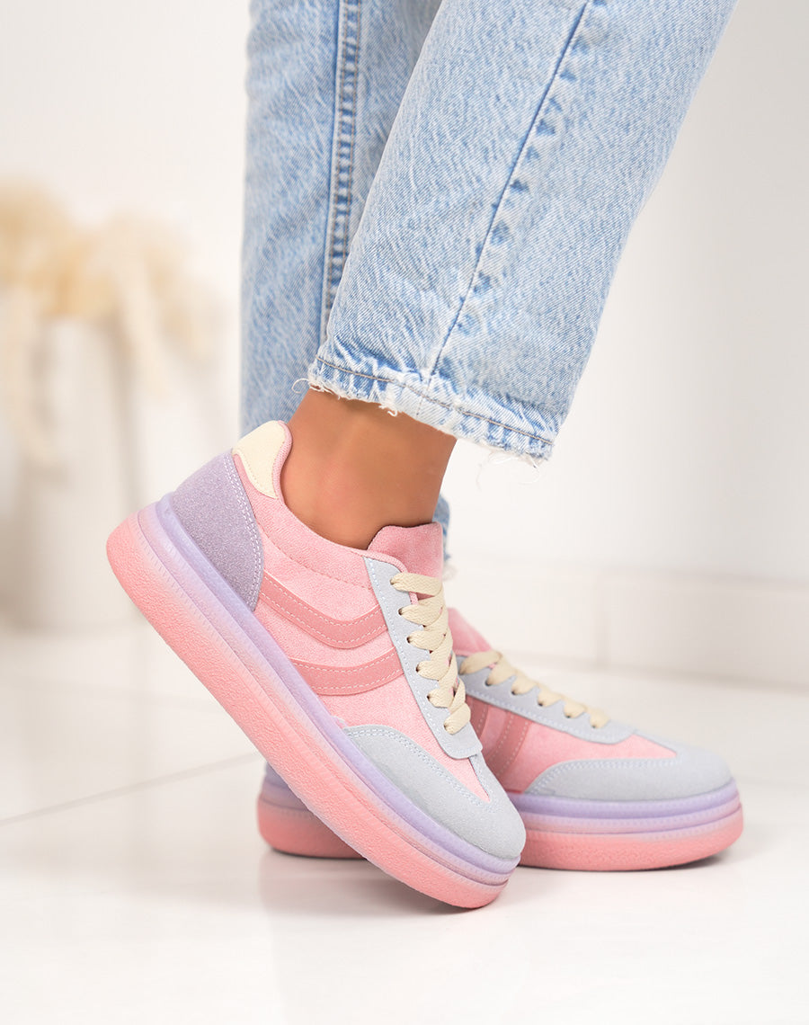 Basket femme rose pastel tendance à plateforme avec empiècements multicolores