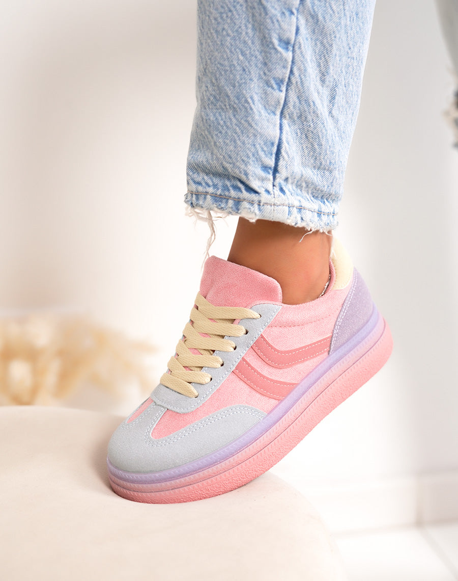 Basket femme rose pastel tendance à plateforme avec empiècements multicolores