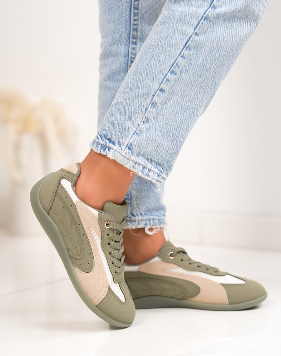 Basket femme verte tendance empiècements beige