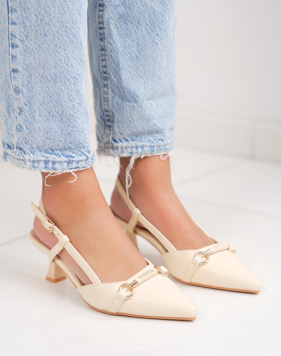 Escarpins femme jaune pastel élégantes à petit talon avec bijou doré