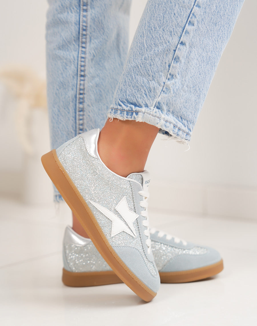 Basket femme bleu pailletée tendance avec empiècements bleu et argenté