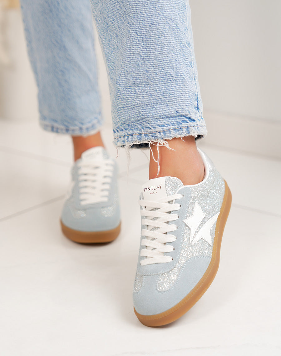 Basket femme bleu pailletée tendance avec empiècements bleu et argenté
