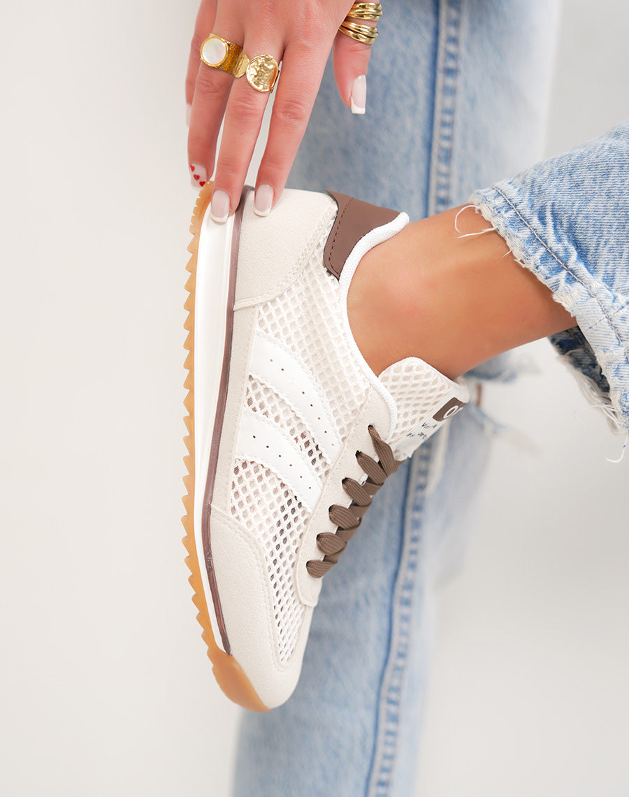 Basket femme beige clair tendance avec empiècement arrière marron