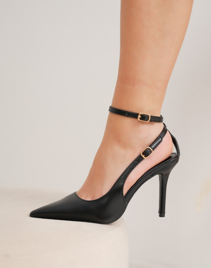 Escarpins femme noirs élégants à talon aiguille 10 cm et bride fine à la cheville