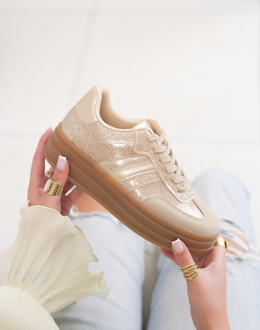 Basket femme dorée tendance à paillettes avec semelle plateforme épaisse