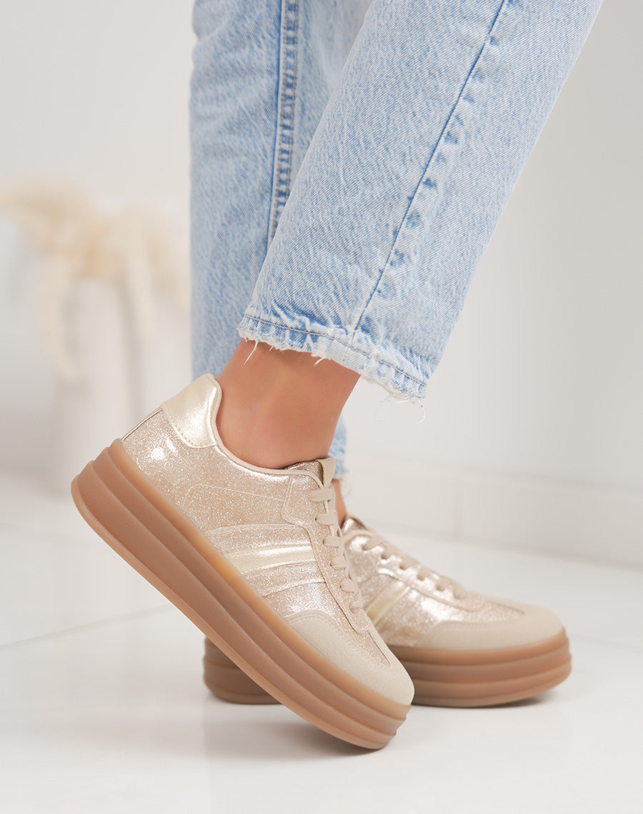 Basket femme dorée tendance à paillettes avec semelle plateforme épaisse