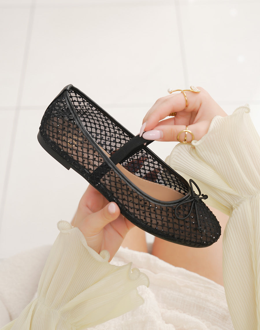 Ballerines femme noires transparentes élégantes à strass avec nœud et lanière fine