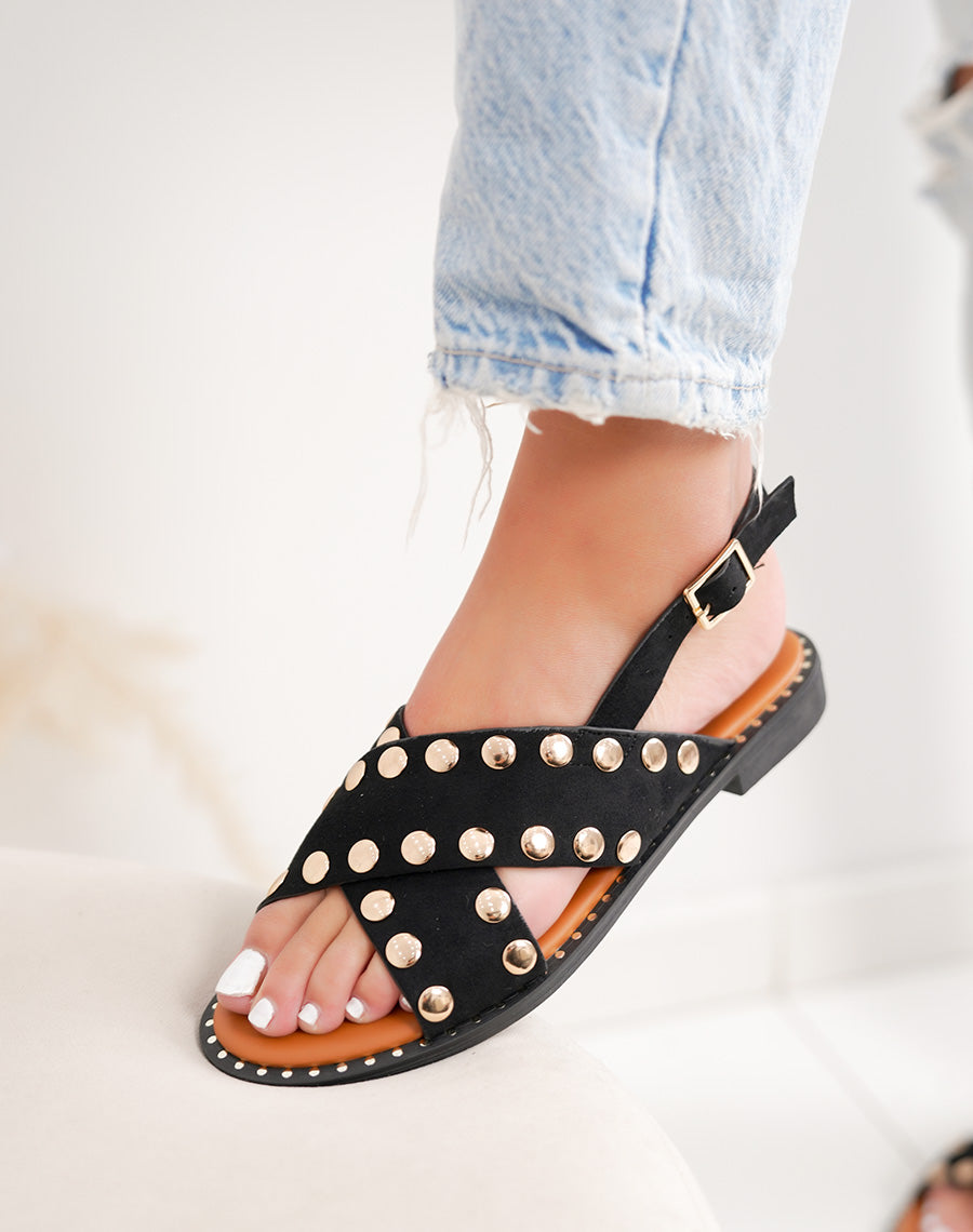 Sandales femme noires plates élégantes en suédine avec clous dorés et bride cheville