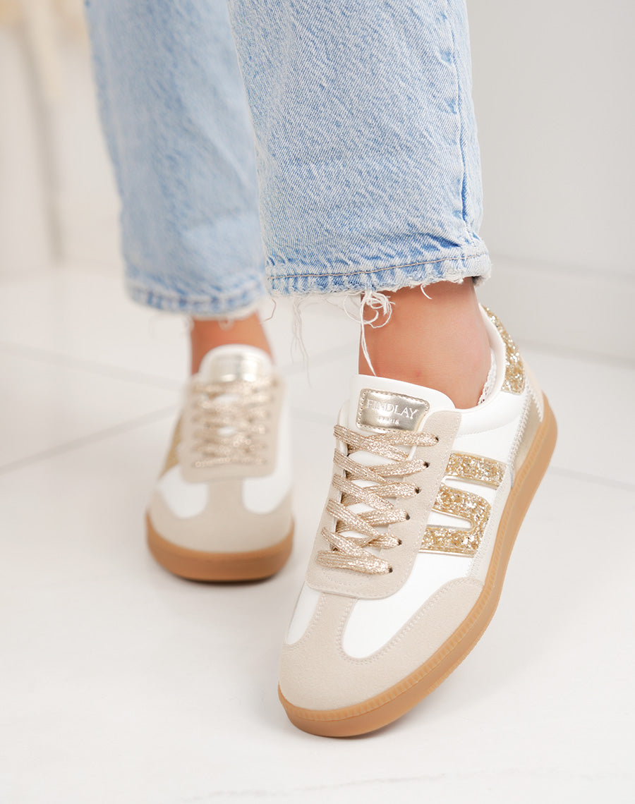 Basket femme blanche tendance avec empiècements pailletés dorés et suédine beige