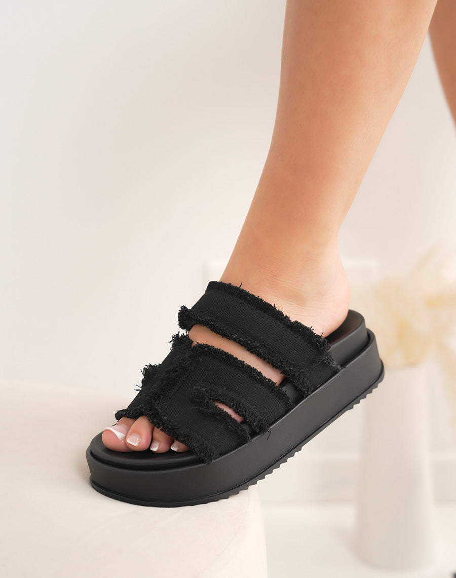 Mules femme noires en H effet jean déchiré avec semelle épaisse confortable