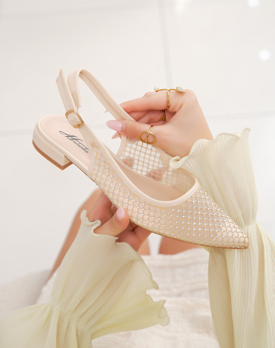 Escarpins femme beiges transparents à strass élégants avec bride ajustable