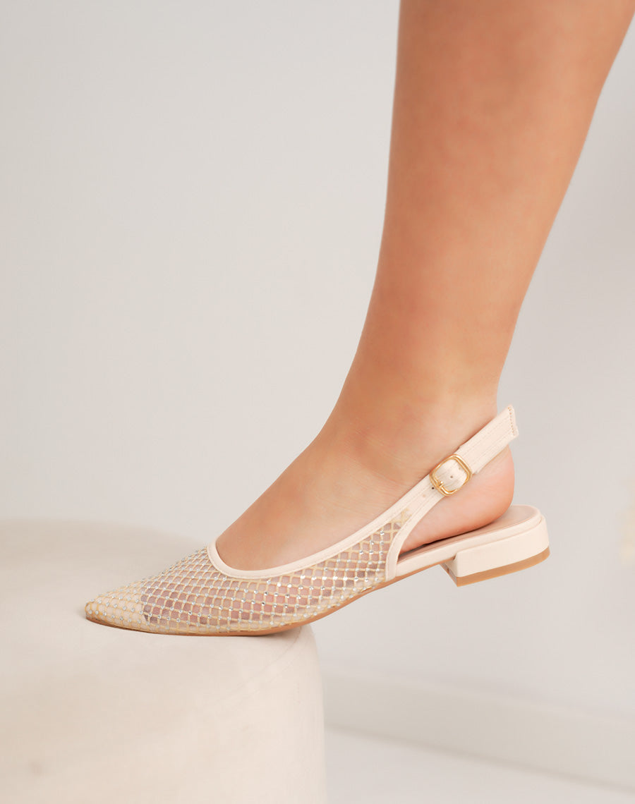 Escarpins femme beiges transparents à strass élégants avec bride ajustable