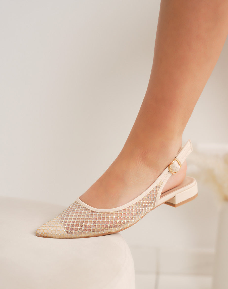 Escarpins femme beiges transparents à strass élégants avec bride ajustable