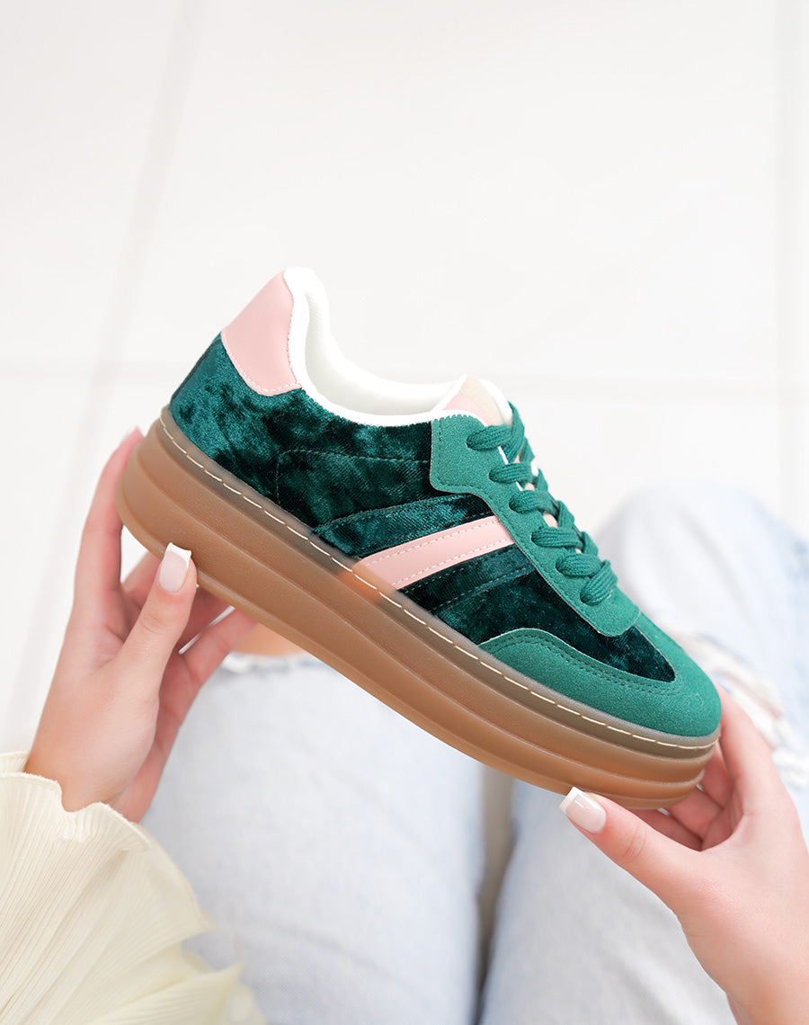 Basket femme verte tendance à plateforme en velours avec empiècement rose clair