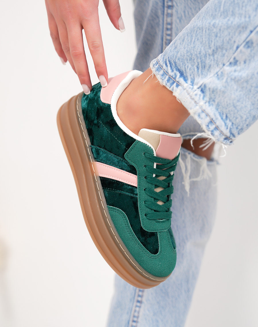 Basket femme verte tendance à plateforme en velours avec empiècement rose clair