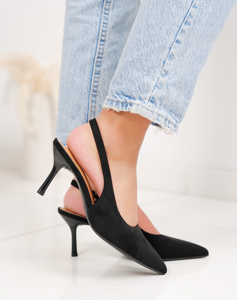Escarpin femme noir élégant en suédine avec lanière arrière raffinée
