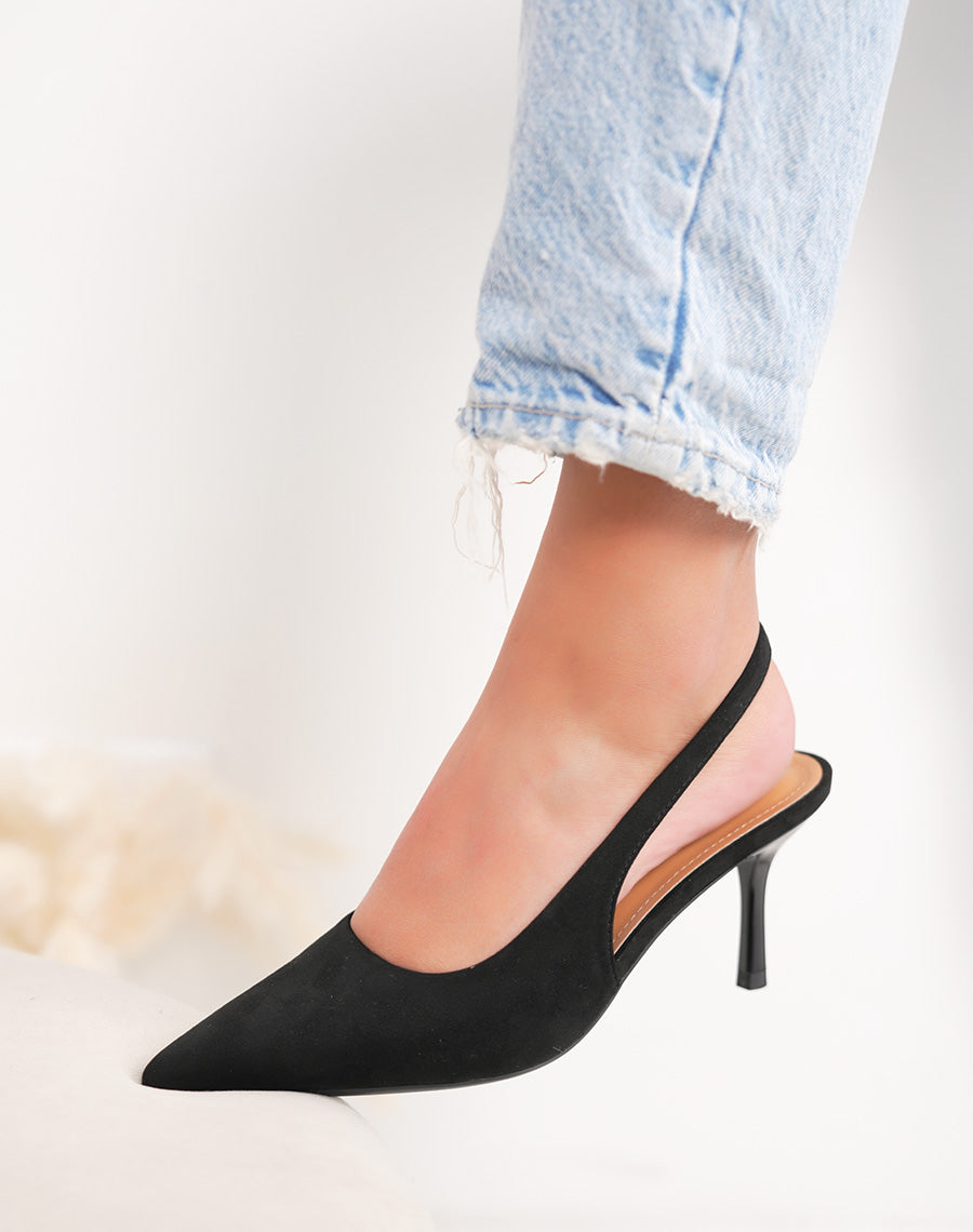 Escarpin femme noir élégant en suédine avec lanière arrière raffinée