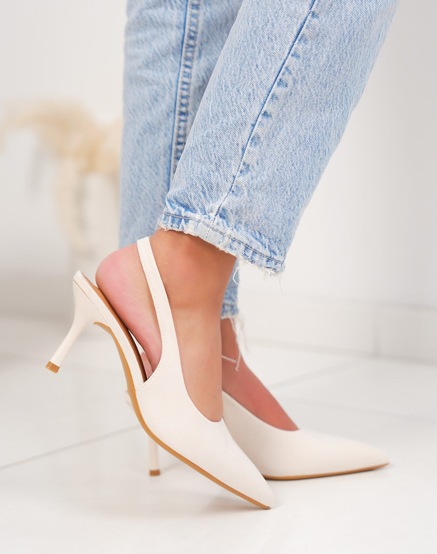 Escarpin femme beige élégant en suédine avec lanière arrière raffinée