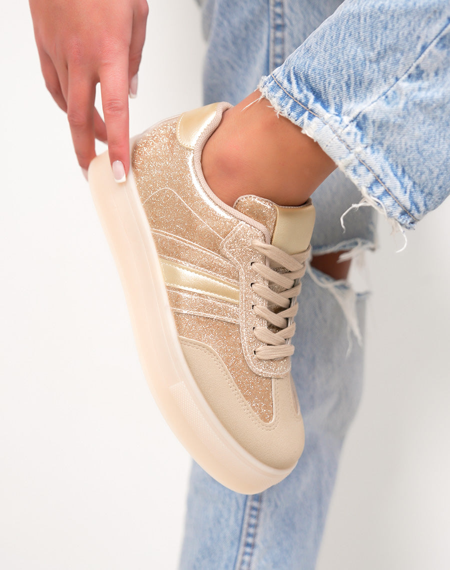Basket femme dorée pailletée tendance à plateforme élégante et lumineuse