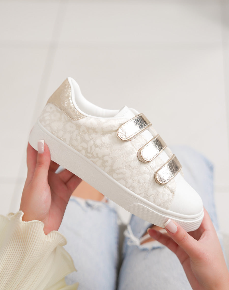 Basket femme blanche tendance à scratch léopard doré et détail brillant