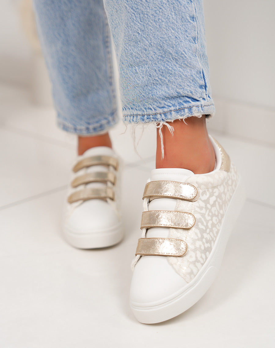Basket femme blanche tendance à scratch léopard doré et détail brillant
